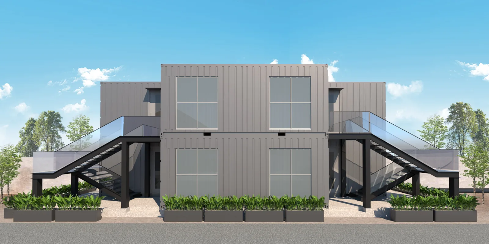 Modular laboratory built from stacked shipping containers with external stairs