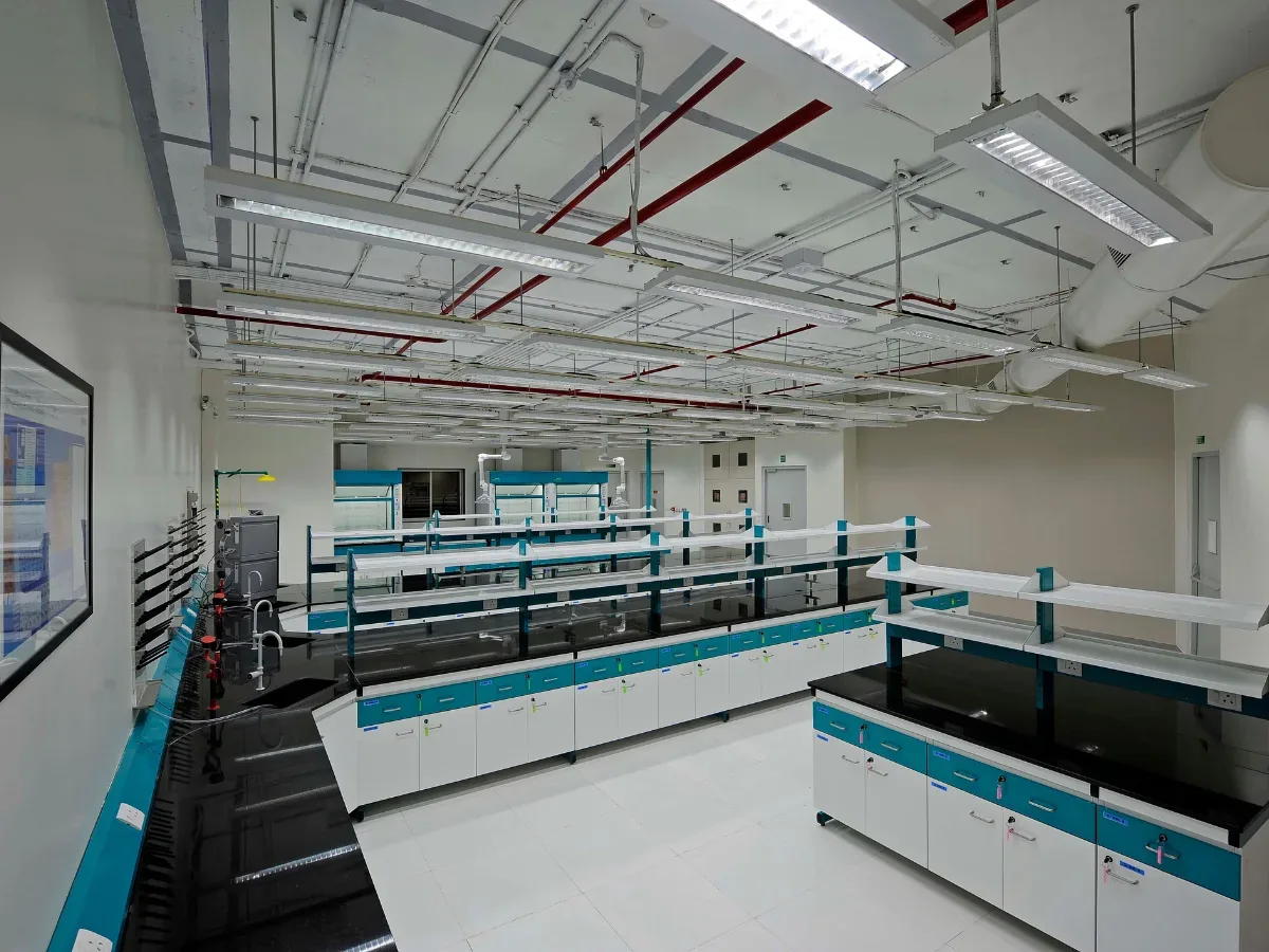 Exposed lab ceiling services: ducts, pipework and cable trays