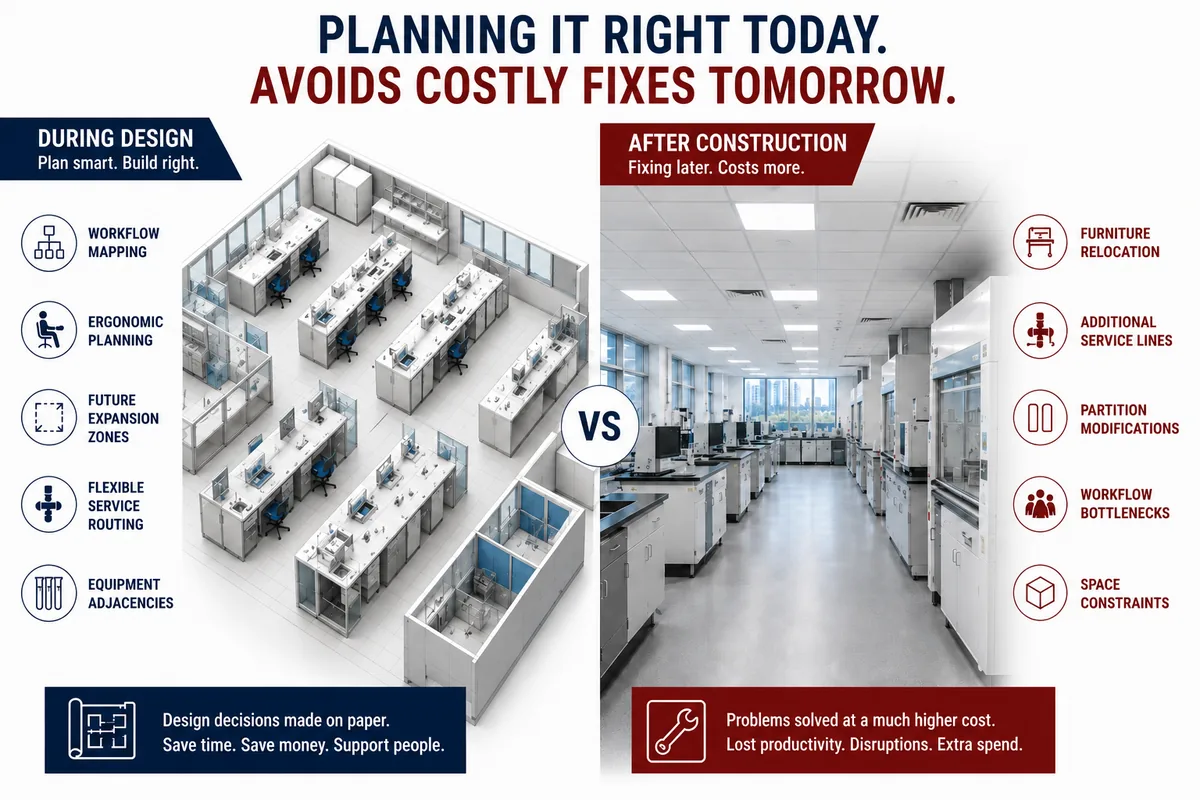 Infographic comparing design-stage planning with costly fixes after construction