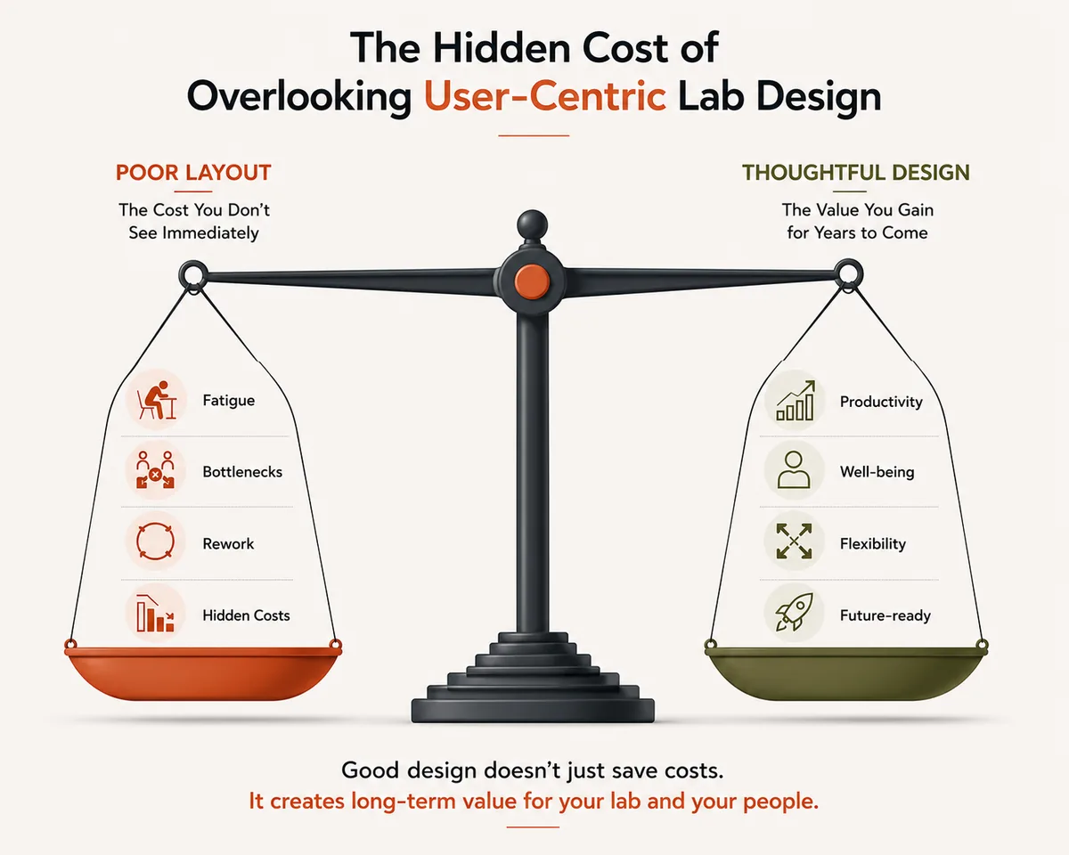 Infographic weighing the hidden costs of poor lab layout against the value of thoughtful, user-centric design