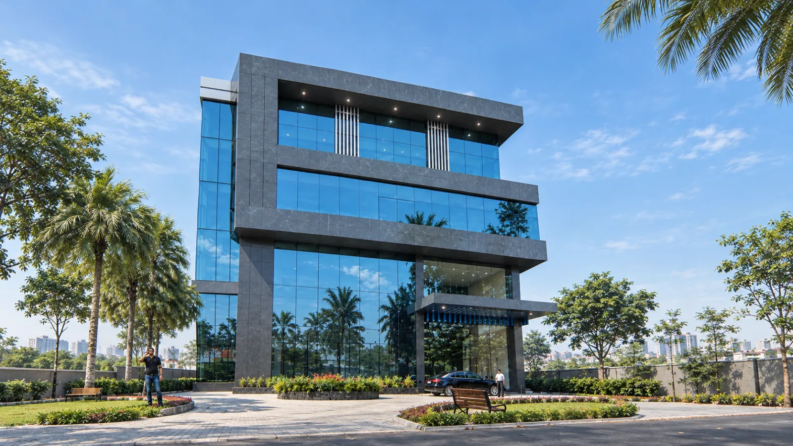 Corporate R&D headquarters with dark stone cladding and full-height glazing