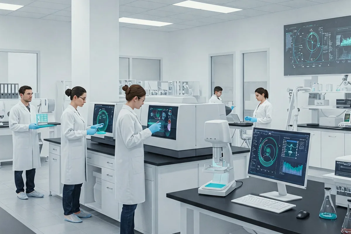 Lab user recording data by hand next to a digital device