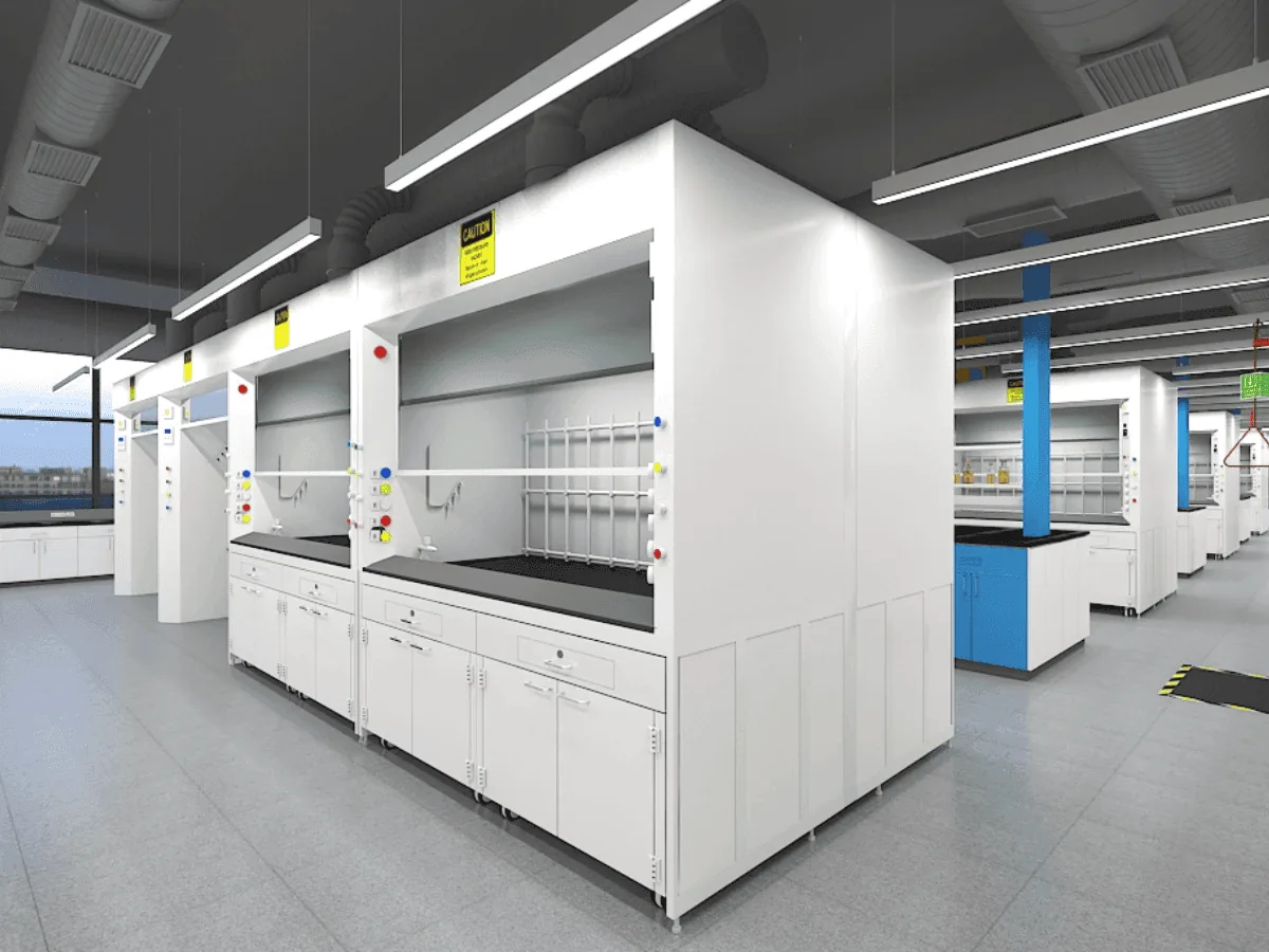 Compliant modern laboratory with fume hoods, safety equipment and clear circulation