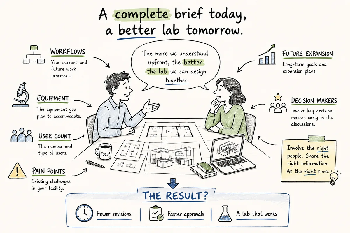 Illustration of a lab architect and client discussing workflows, equipment, user count and pain points for a complete brief