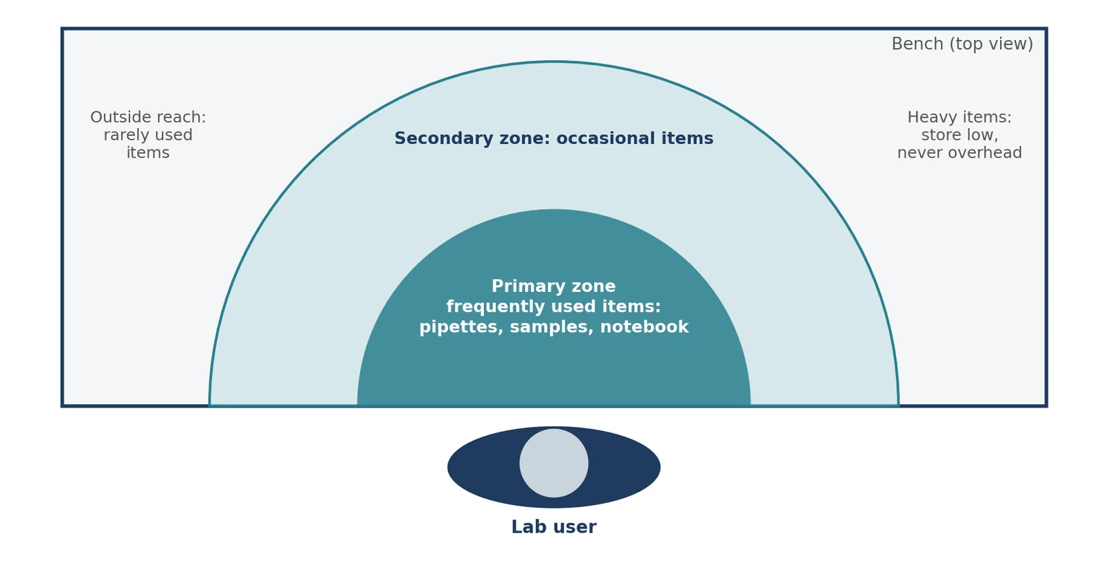 Reach zones: keep frequently used items closest. Illustrative only.