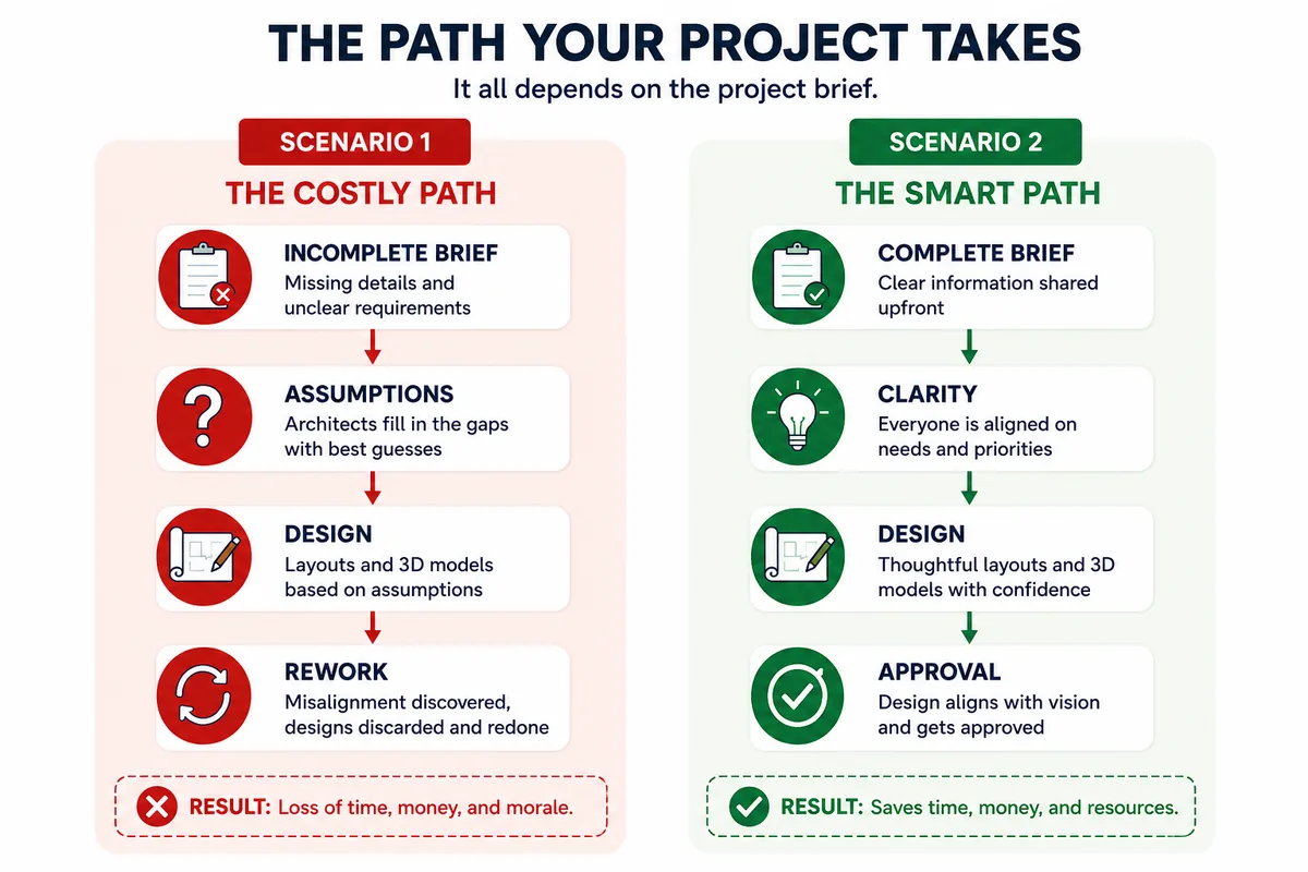 Infographic comparing the costly path of an incomplete brief with the smart path of a complete brief