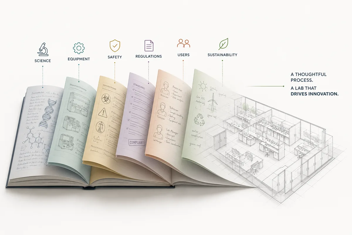 Lab architect reviewing laboratory design drawings and research material