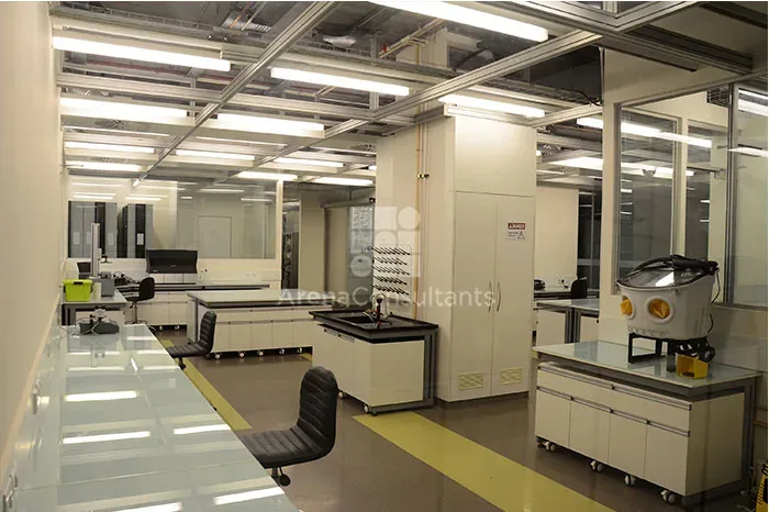 Lab bench with integrated data ports and an embedded touchscreen