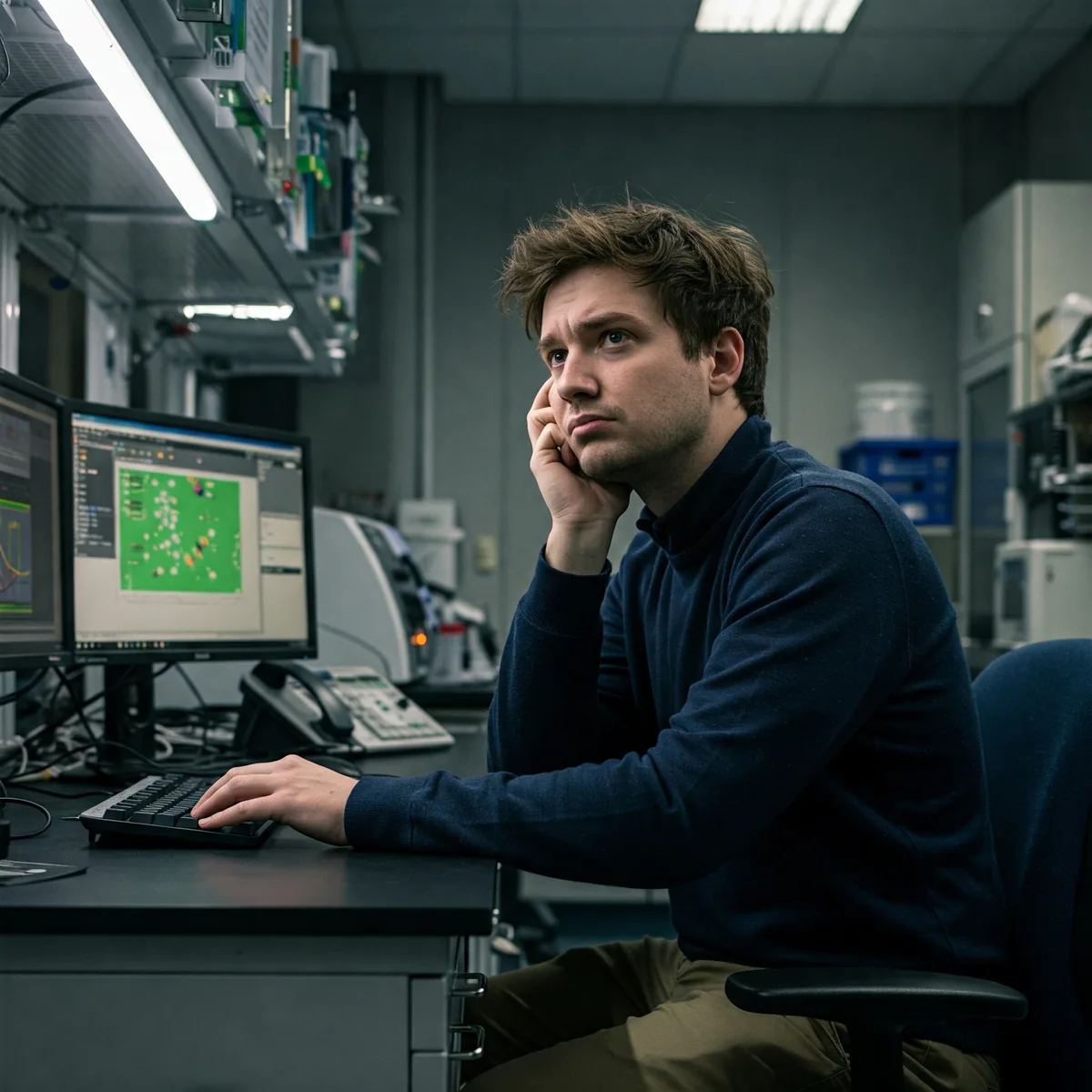Researcher looking tired in front of a computer screen in a lab