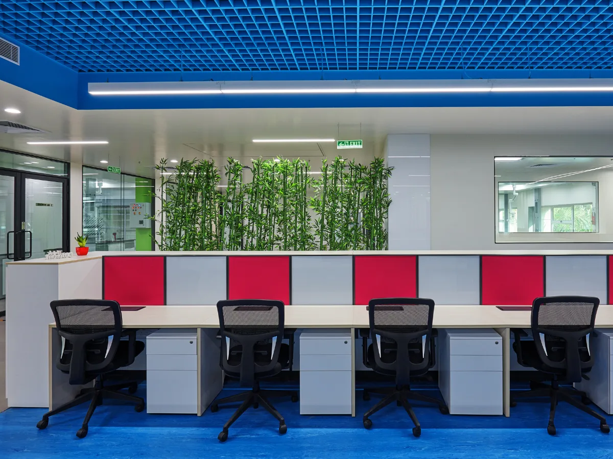 Workstation row with red and grey panels and bamboo planters