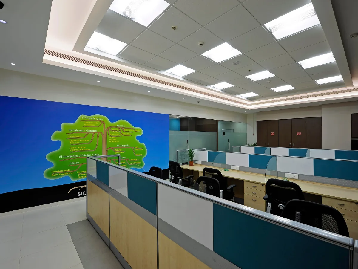 Workstations with silicone product-tree wall graphic