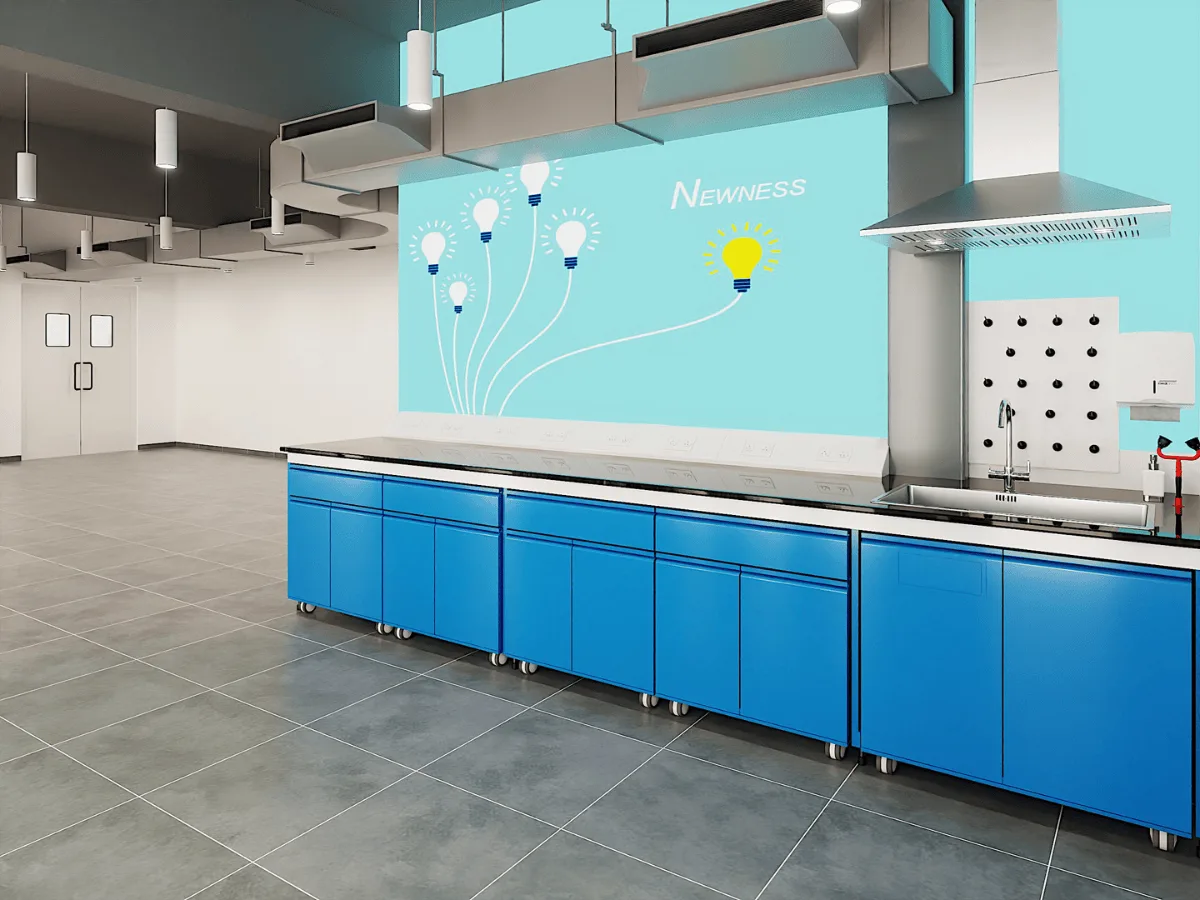 Lab bench with canopy hood, pegboard and Newness wall graphic