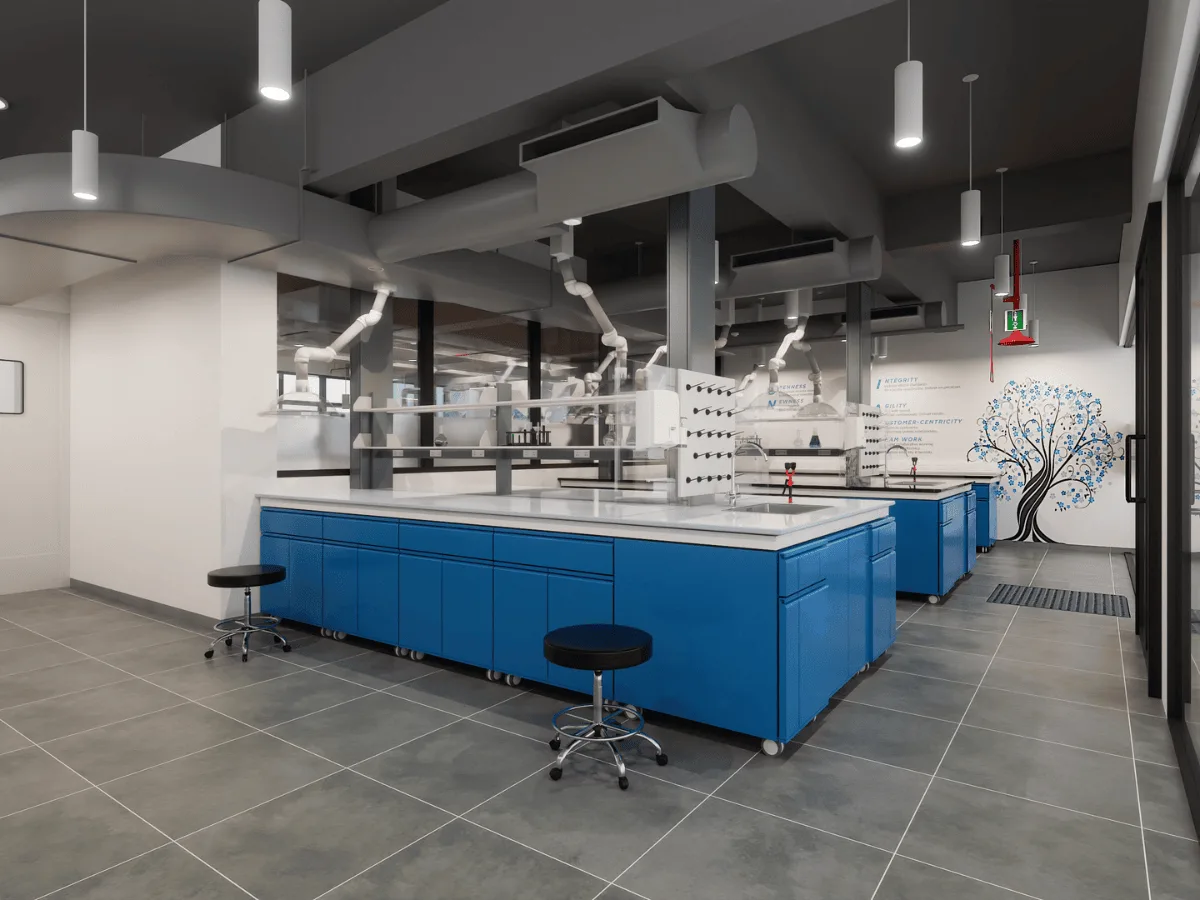 Blue island benches with spot extractors and eyewash station