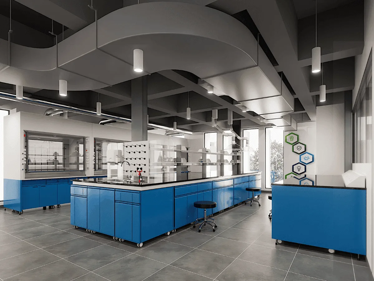 Wide lab with blue island benches, curved ceiling baffles and fume hoods