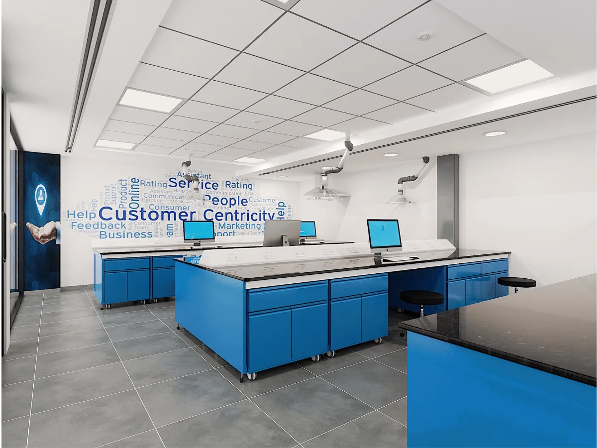 Analytical lab with monitors and Customer Centricity wall graphic