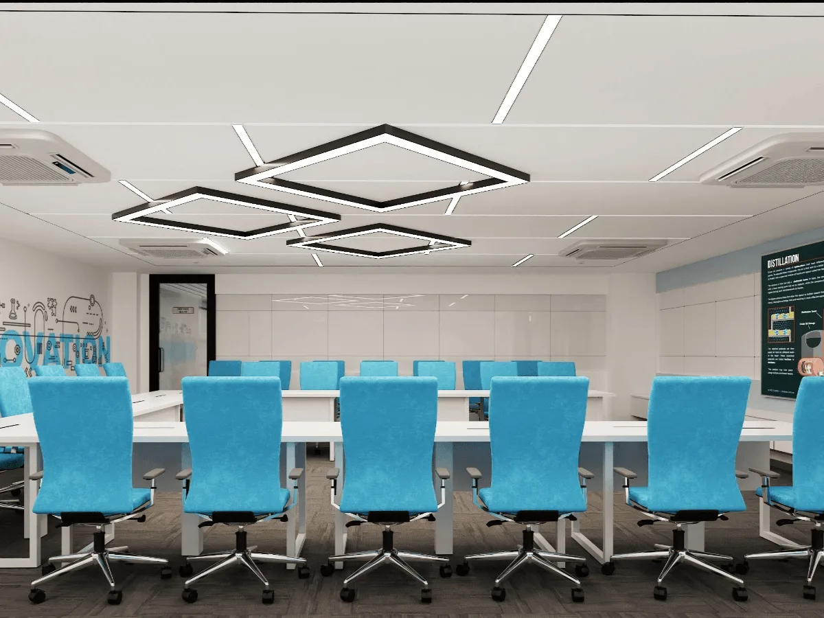 Conference room with blue chairs and diamond pendant lights