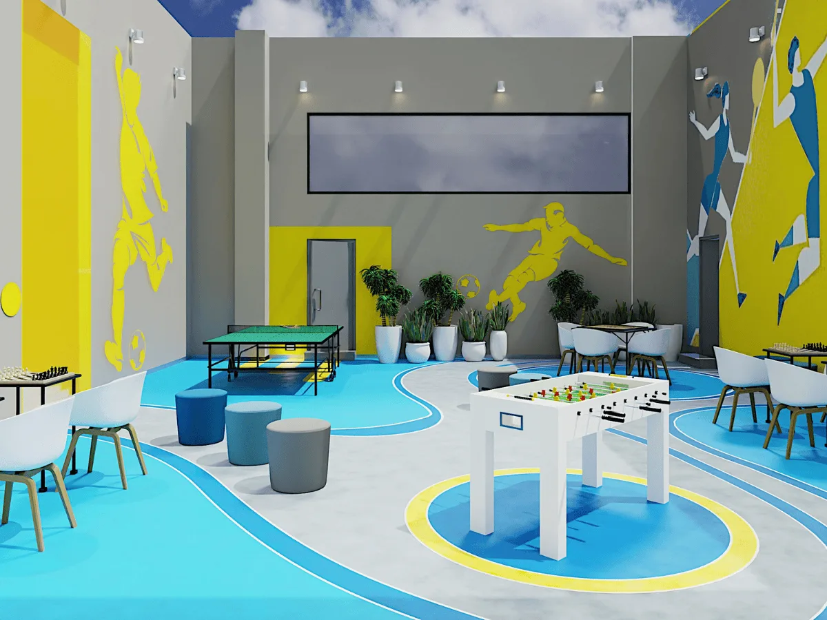 Gaming zone with foosball, table tennis and sports murals