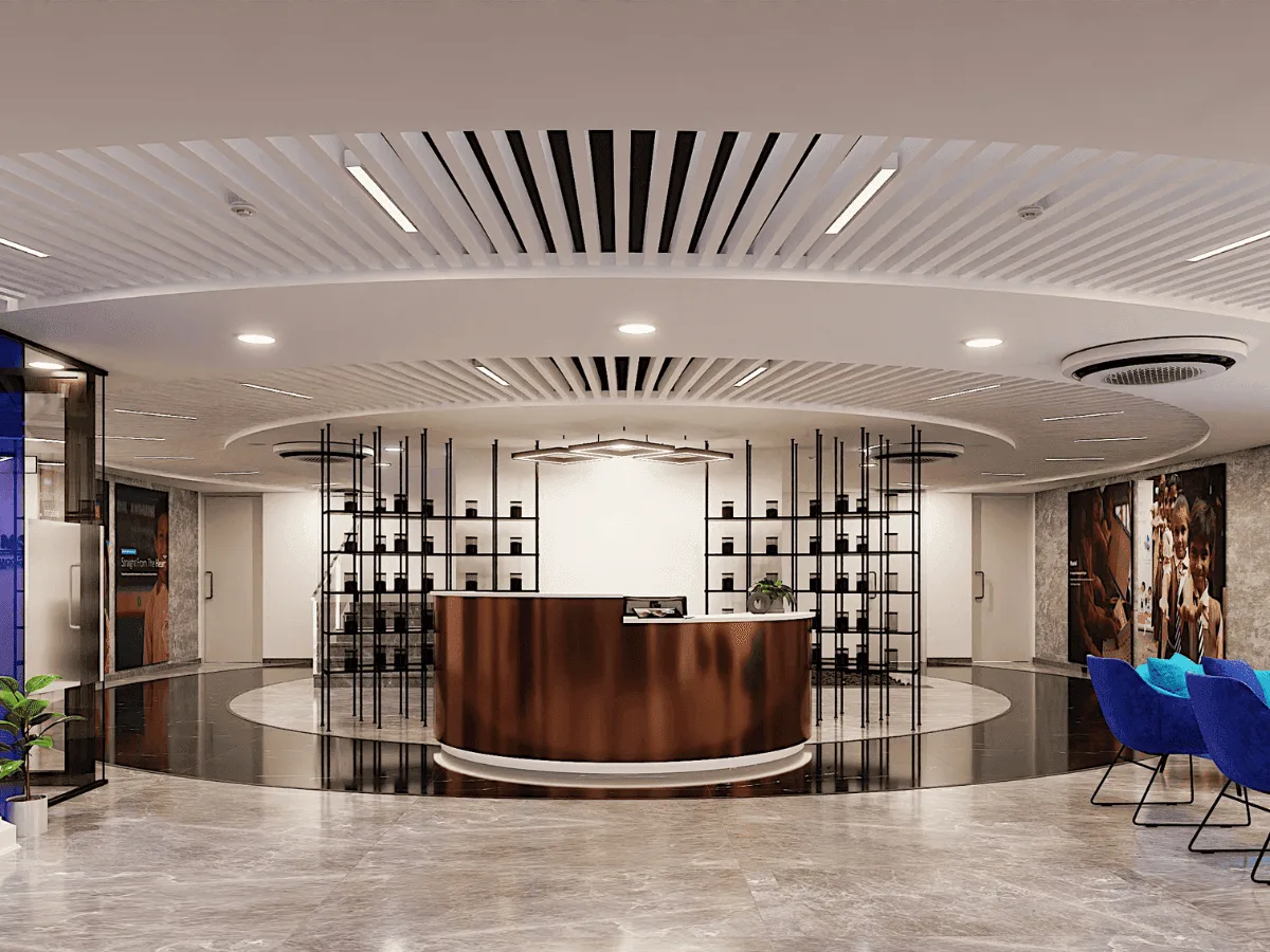 Reception with copper desk, product display shelves and slatted ceiling