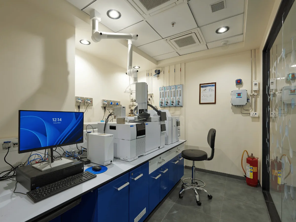 Instrument room with GC/MS equipment and gas regulators