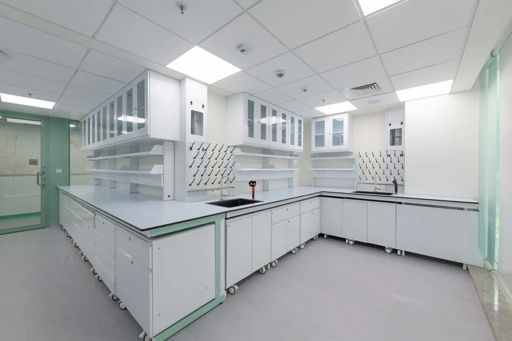 Wet laboratory with U-shaped benches, sinks and pegboard drying racks