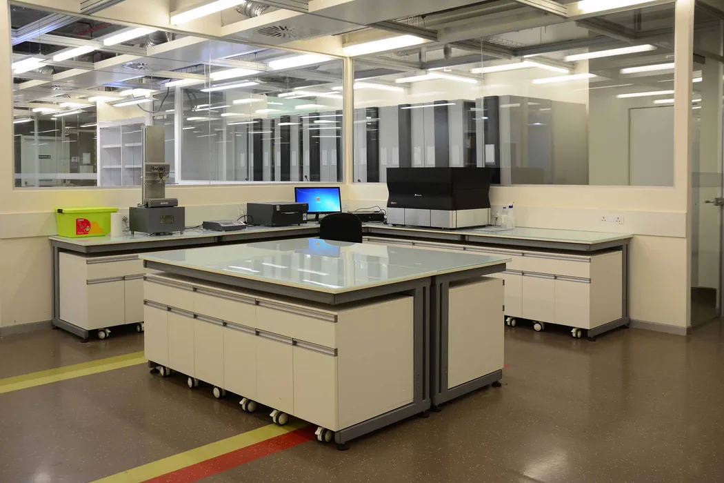 FMCG product development laboratory with island bench and analytical instruments