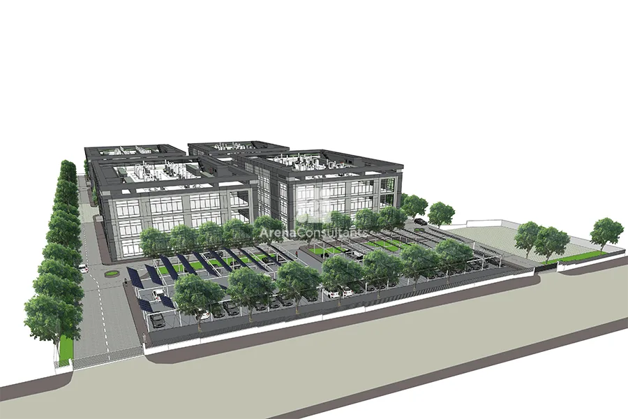 Aerial 3D view of the full research campus with solar canopy parking and landscaping