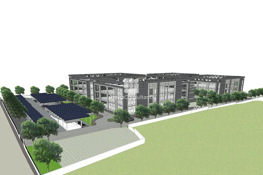 Aerial view from road showing laboratory buildings and solar canopy parking