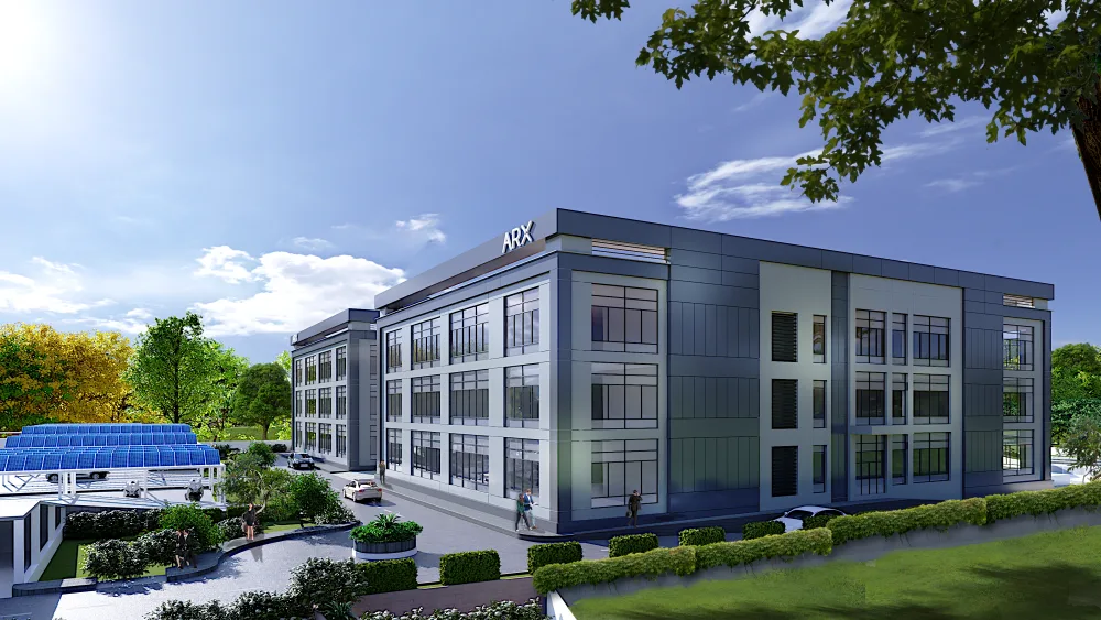 Corner view of a research campus laboratory building with aluminium composite facade
