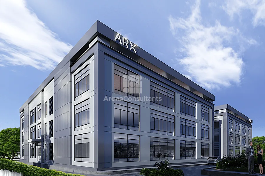 Corner view of ARX-branded lab buildings with landscaped surroundings