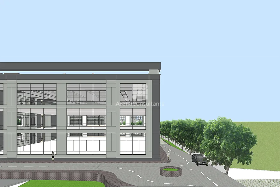 Lab building entrance with glass facade and access road