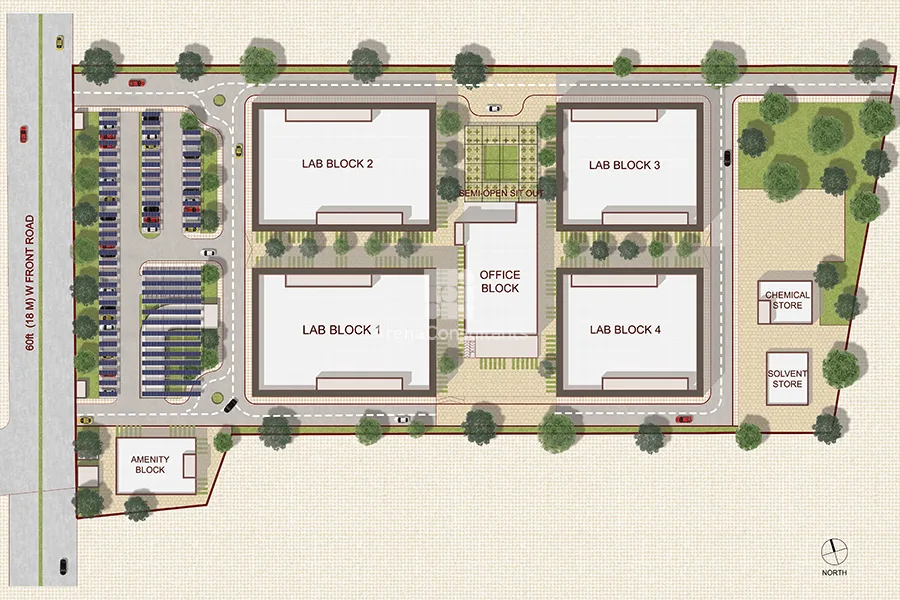 Site masterplan showing four lab blocks, office block, chemical and solvent stores, and solar canopy parking