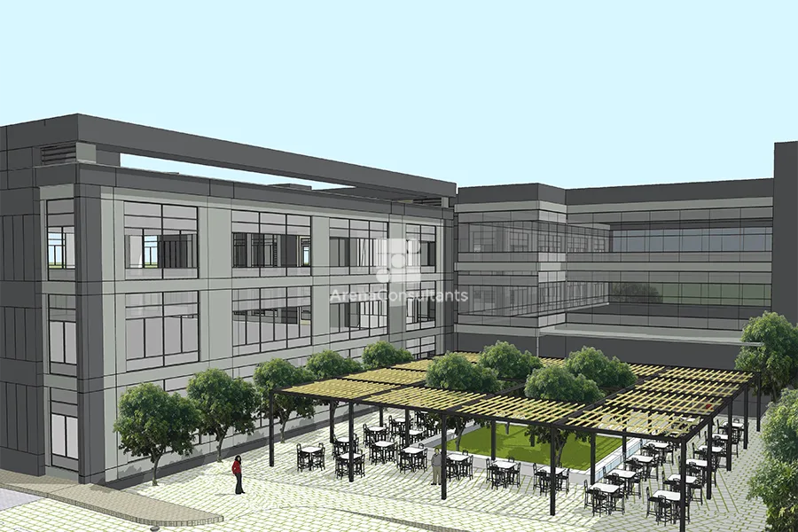 Central open-air breakout courtyard with pergola seating between laboratory buildings