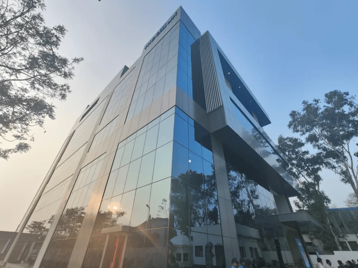 R&D laboratory building exterior with glass curtain wall facade