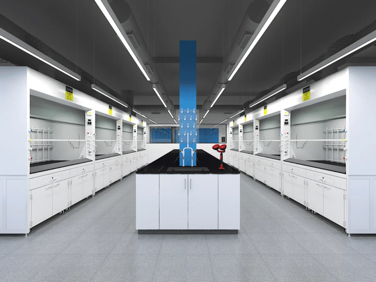 Symmetrical lab with fume hoods, pegboards, eyewash station, and blue accent column