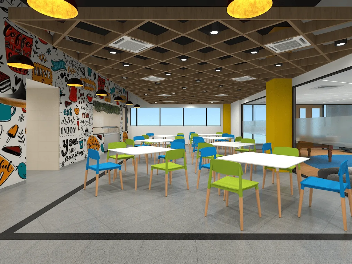 Vibrant pantry with colourful chairs, doodle wall art, and lattice ceiling