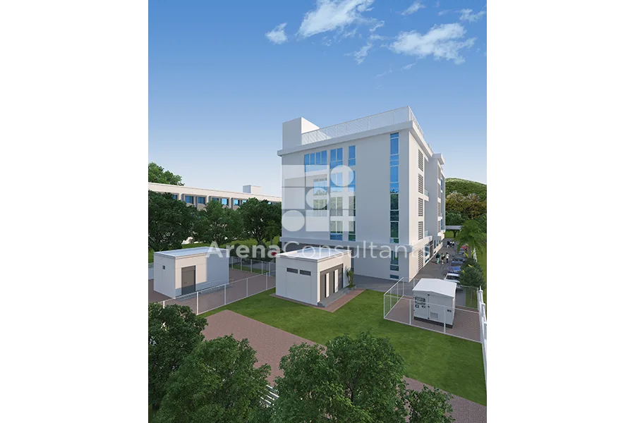 Aerial view of the R&D centre showing building rear, utility blocks, and landscaped grounds