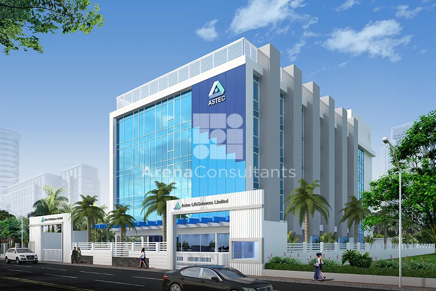 Front elevation showing main entrance gate, glass curtain wall, and branded facade