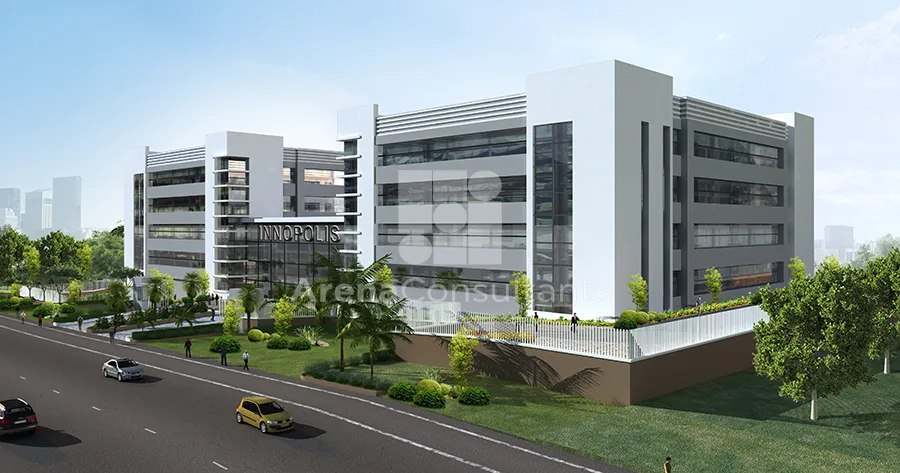 Corner view of the Innopolis research campus from the road with landscaped terrace