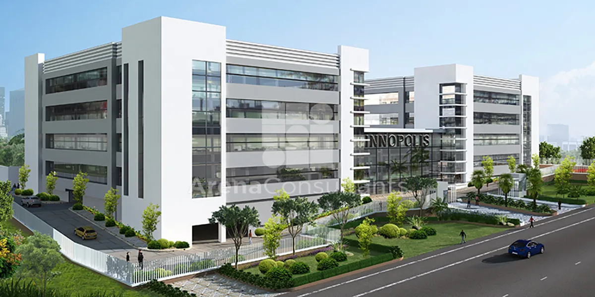 Greenfield research and technology park aerial rendering in Hyderabad