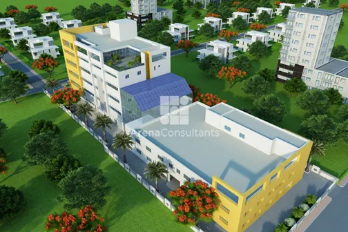 Aerial view of the laboratory building complex with landscaped surroundings