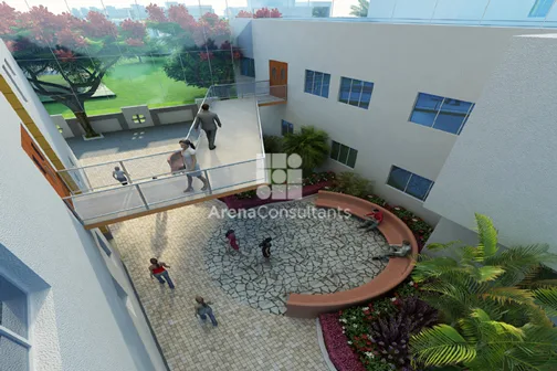 Open breakout courtyard viewed from above with interactive spaces and greenery