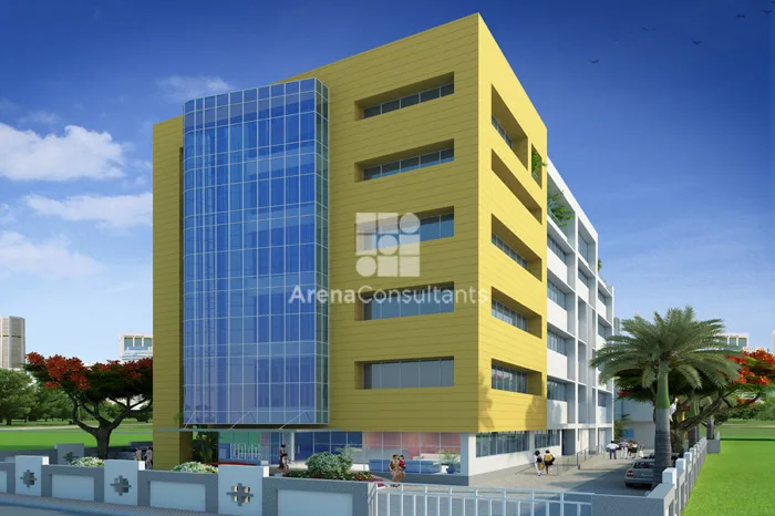 3D render of the building rear elevation with glass curtain wall and yellow facade