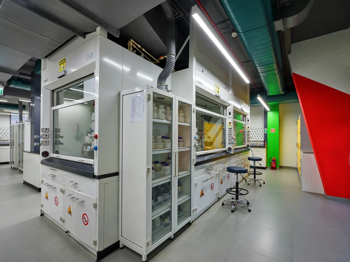 Fume hoods with chemical storage cabinets
