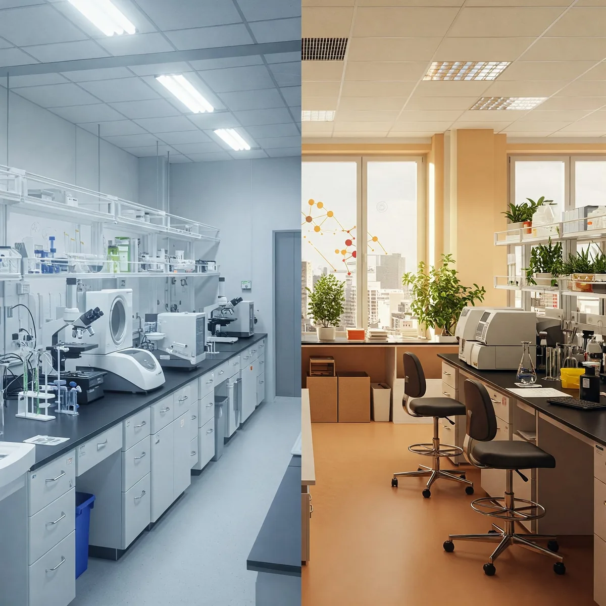 Laboratory with modular workstations and an informal discussion area