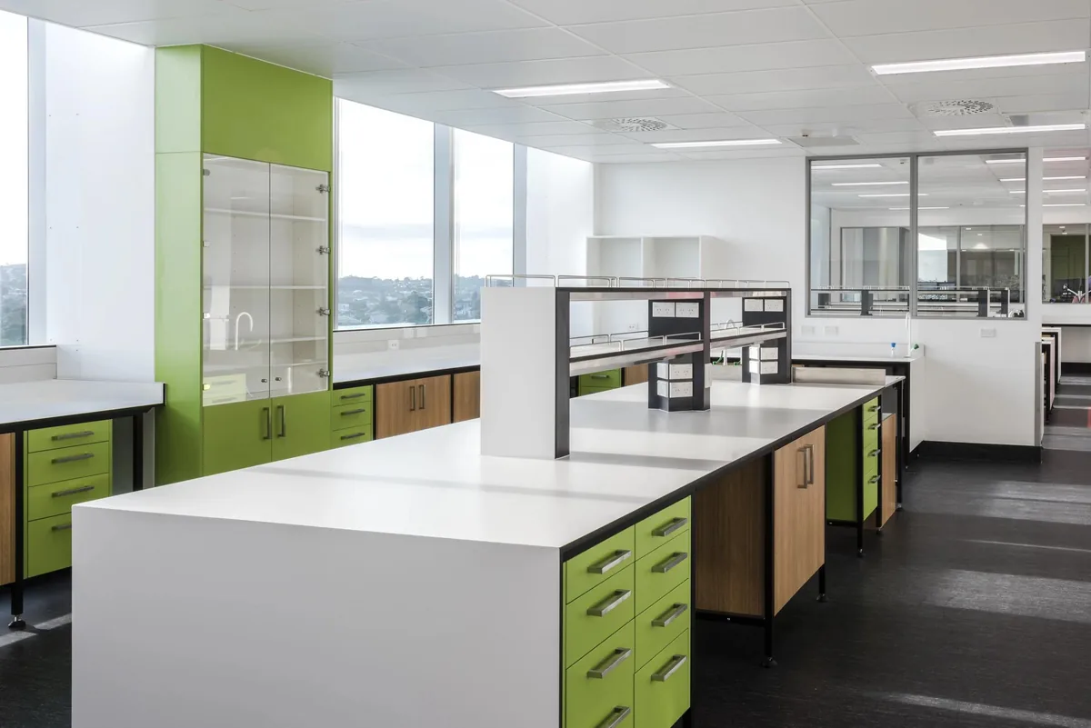 Completed laboratory by Arena Consultants with a neutral base and coloured cabinetry