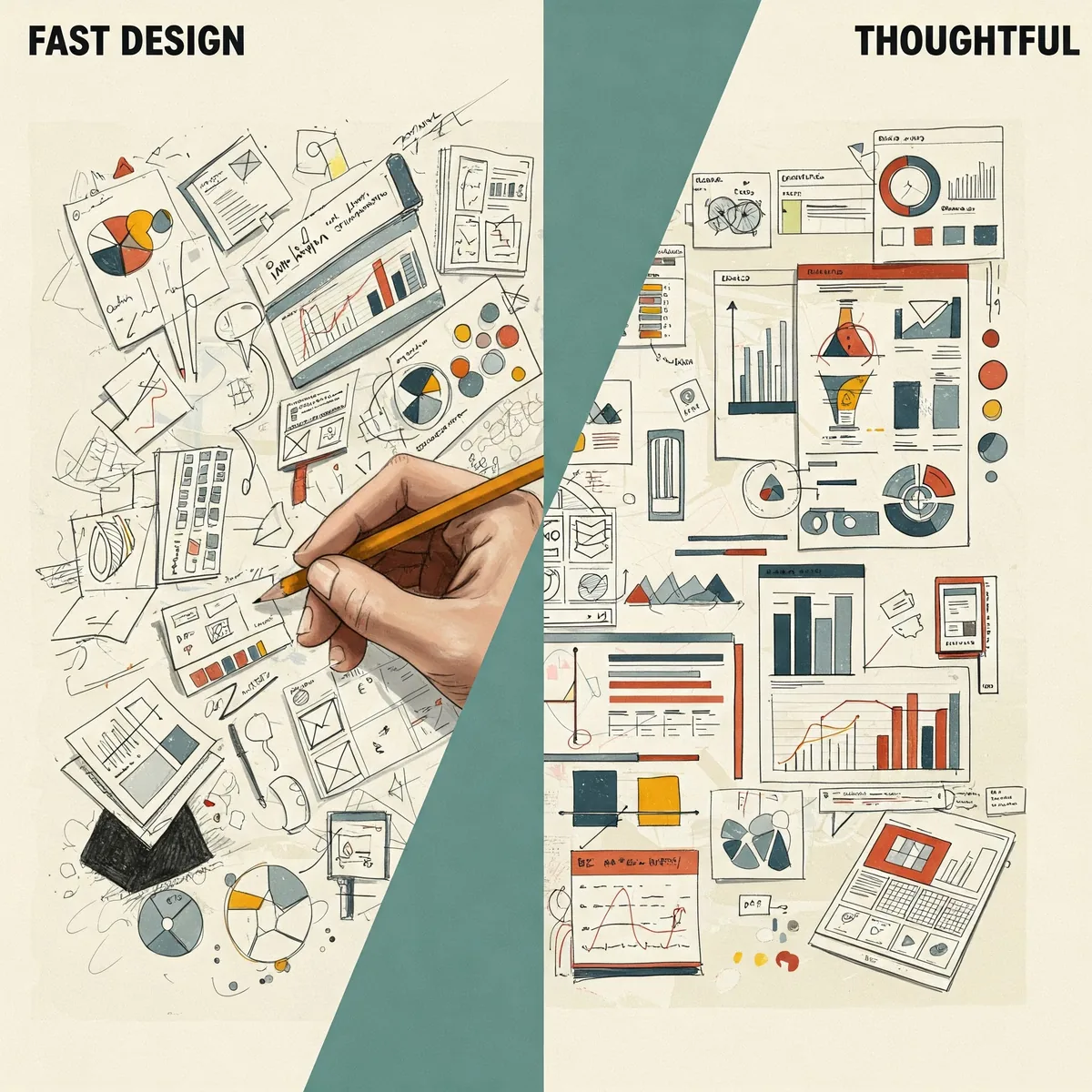 Illustration contrasting fast design sketches with thoughtful, developed design drawings