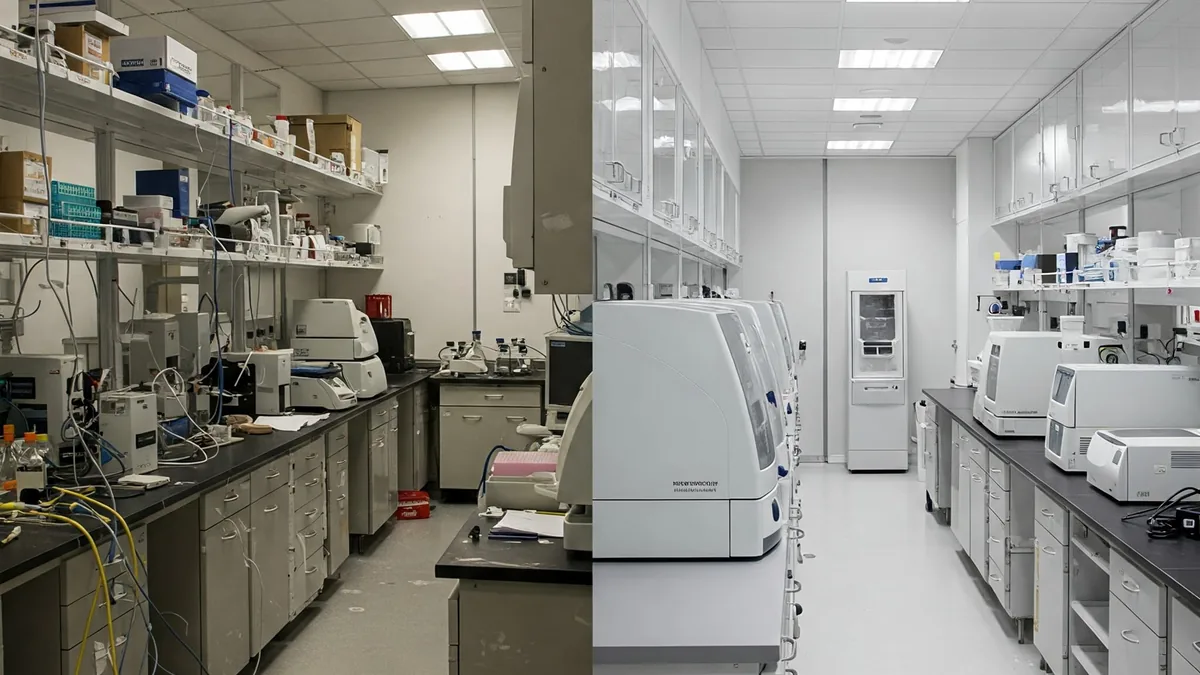 Split view of a cluttered, rushed laboratory beside a well-planned, orderly one