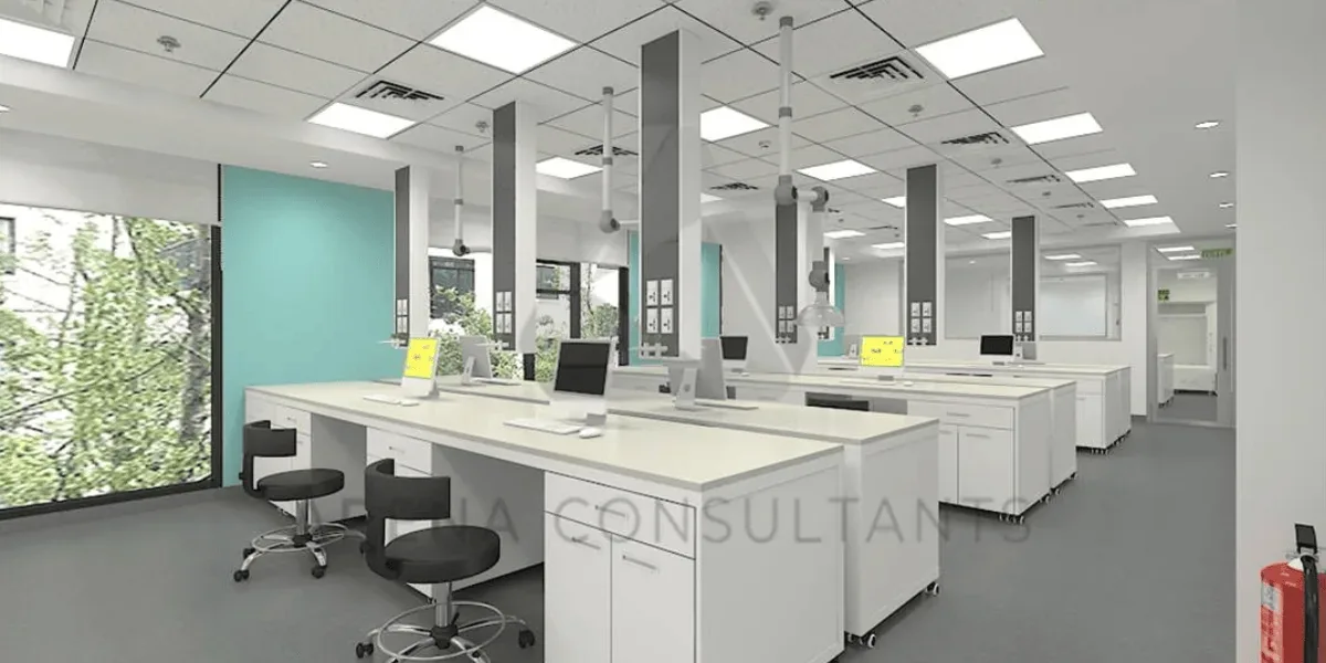 Laboratory with natural light, ergonomic benching and a breakout area