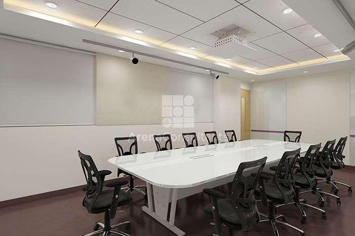 Panel room in pharma testing lab having white surfaced table top design and coloured lights for analysis