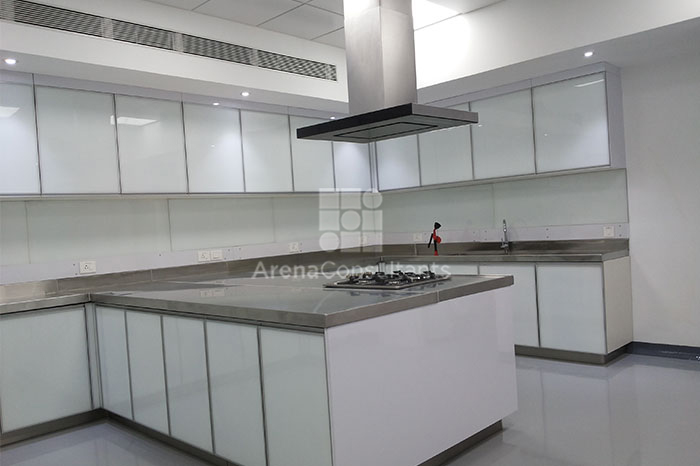   Laboratory kitchen design and layout, modular tables SS finish, Broen-Lab eye wash, Armstrong modular ceiling 